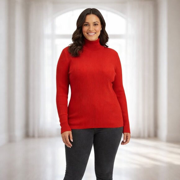 2 for $20 JM Collection Red Ribbed Turtleneck Sweater Large Button-Sleeve Accent - Picture 1 of 15